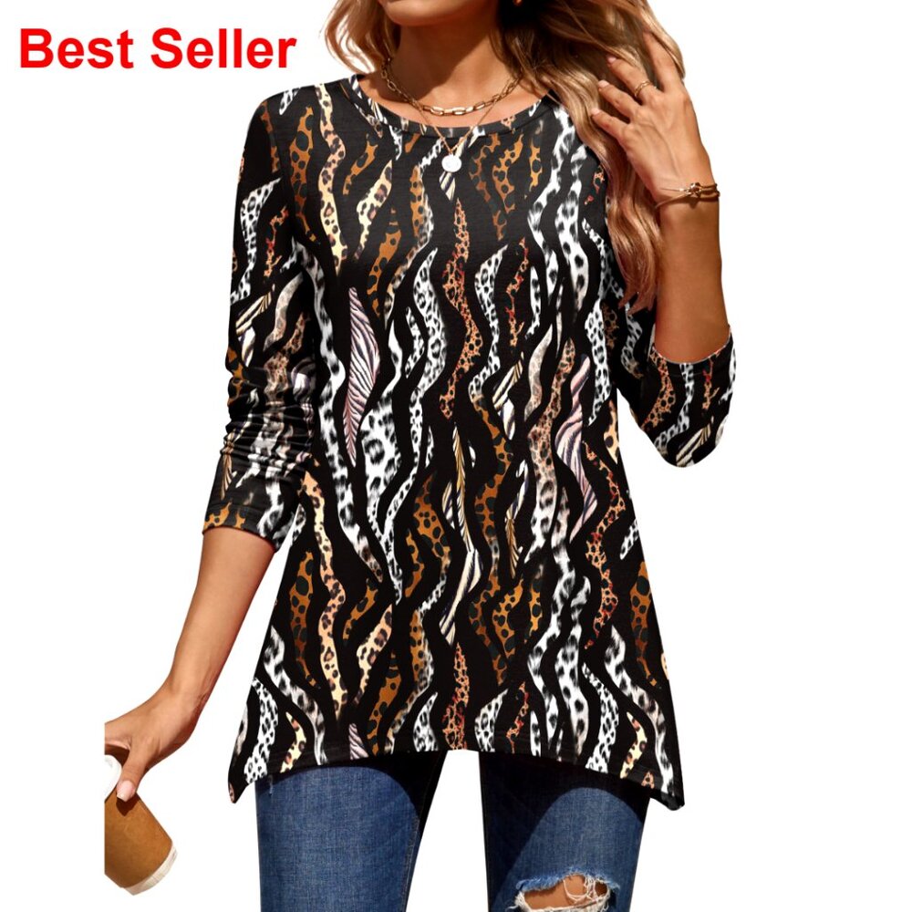 Long Sleeve Tunic Top With Asymmetrical Hem, Flowy Fit, Crewneck